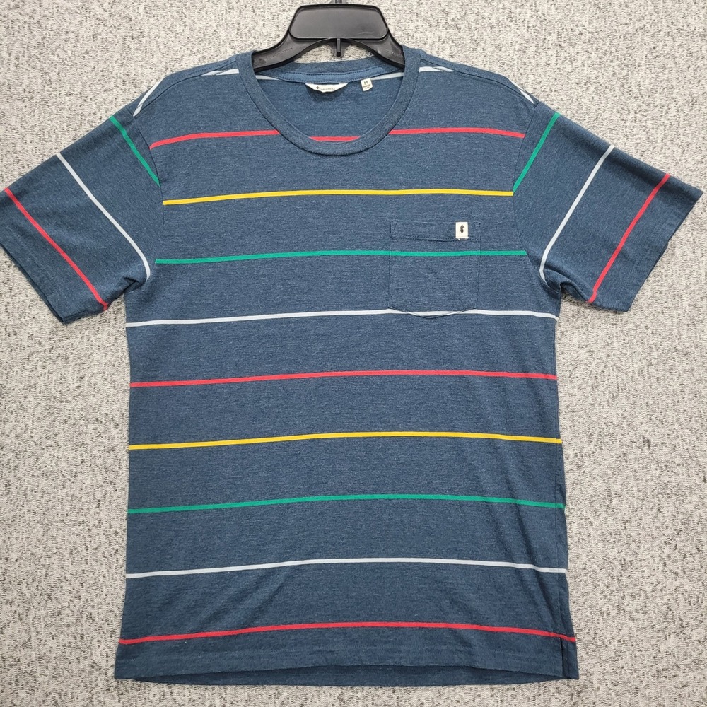 Cotopaxi Mens Medium Blue Striped Pocket T-Shirt Short Sleeve Llama Logo Tee